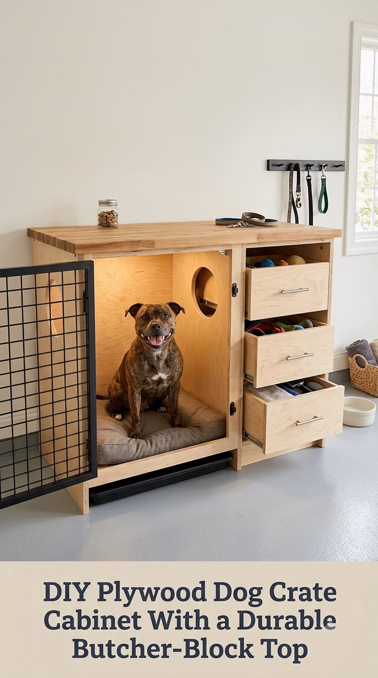 DIY Plywood Dog Crate Cabinet With a Durable Butcher-Block Top