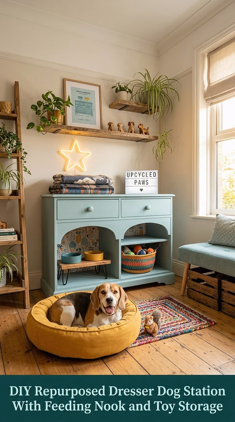 6. DIY Repurposed Dresser Dog Station With Feeding Nook and Toy Storage