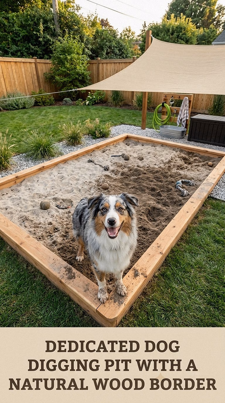 Dedicated Dog Digging Pit With A Natural Wood Border