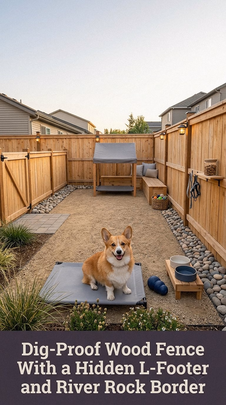 6. Dig-Proof Wood Fence With a Hidden L-Footer and River Rock Border