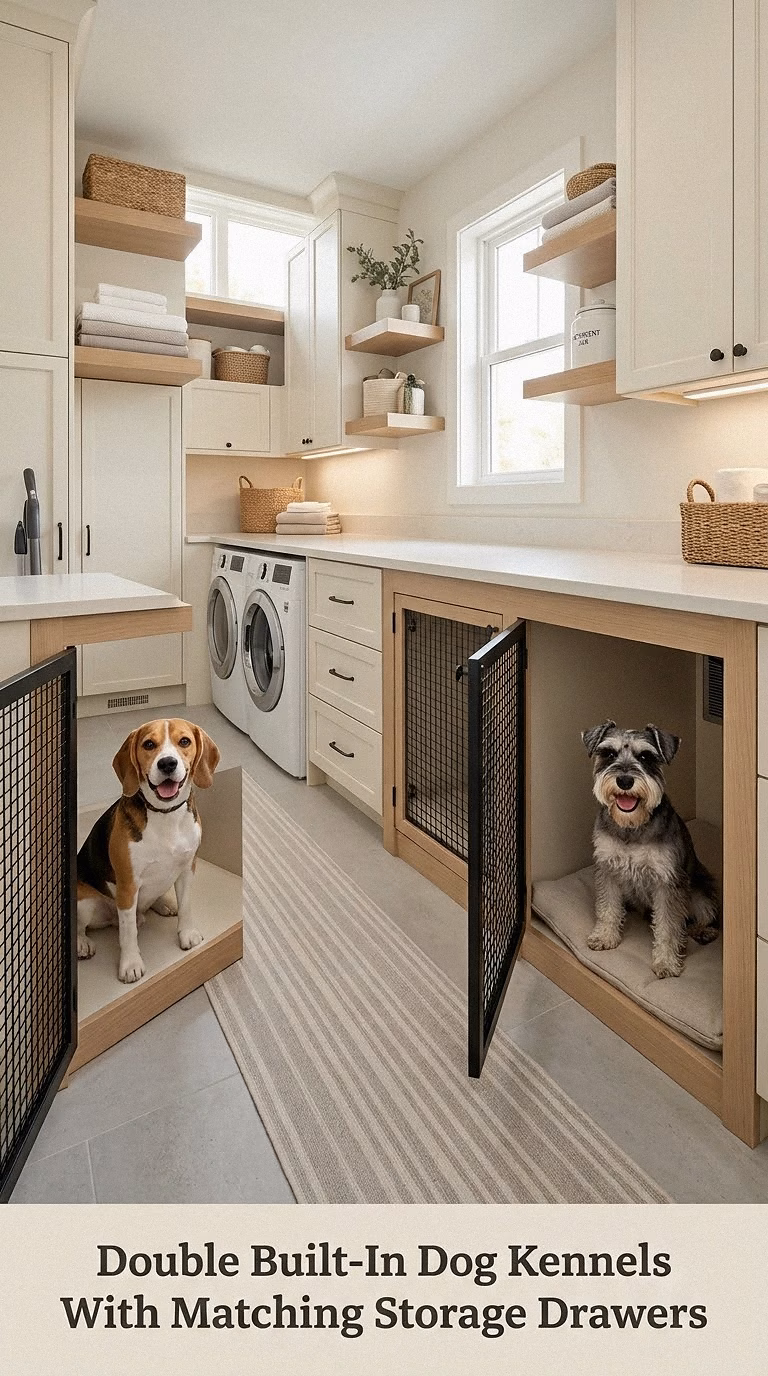 Double Built-In Dog Kennels With Matching Storage Drawers