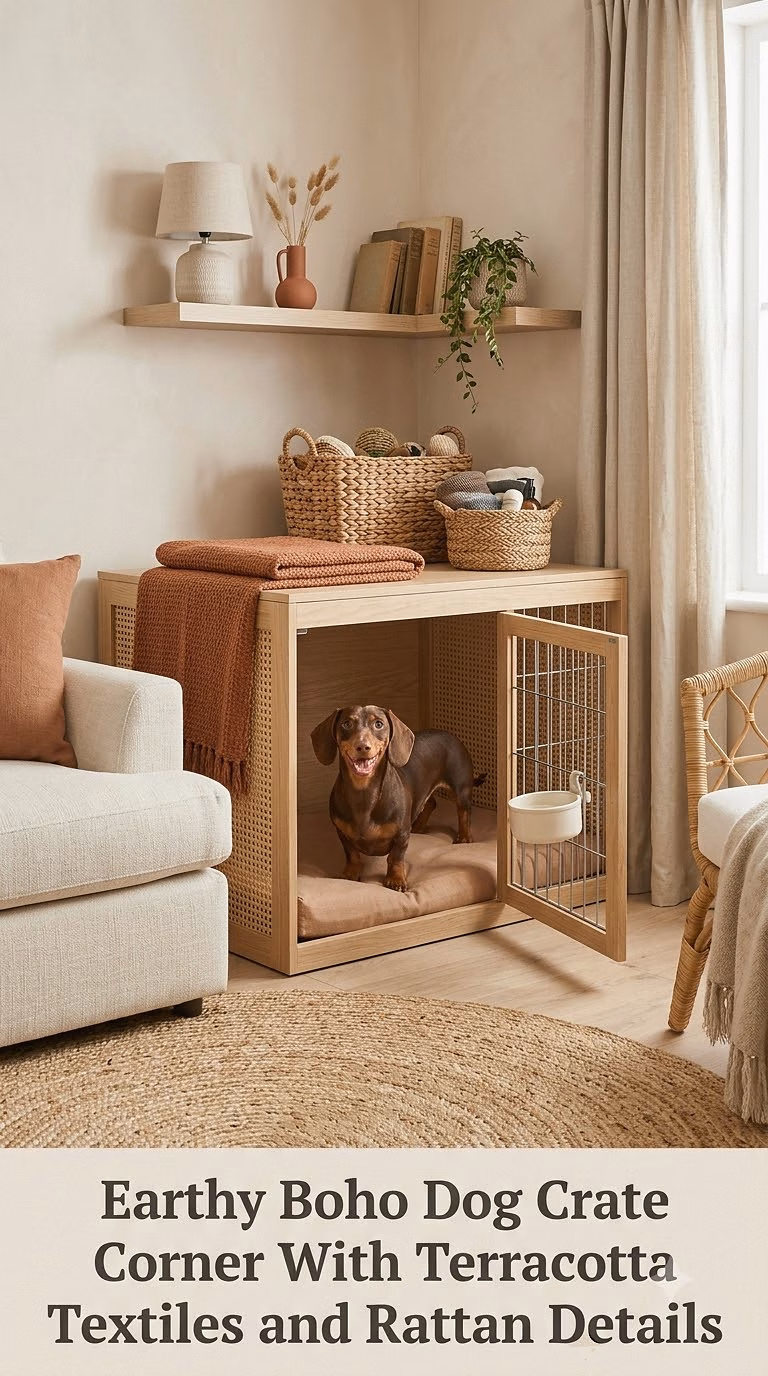 Earthy Boho Dog Crate Corner With Terracotta Textiles and Rattan Details
