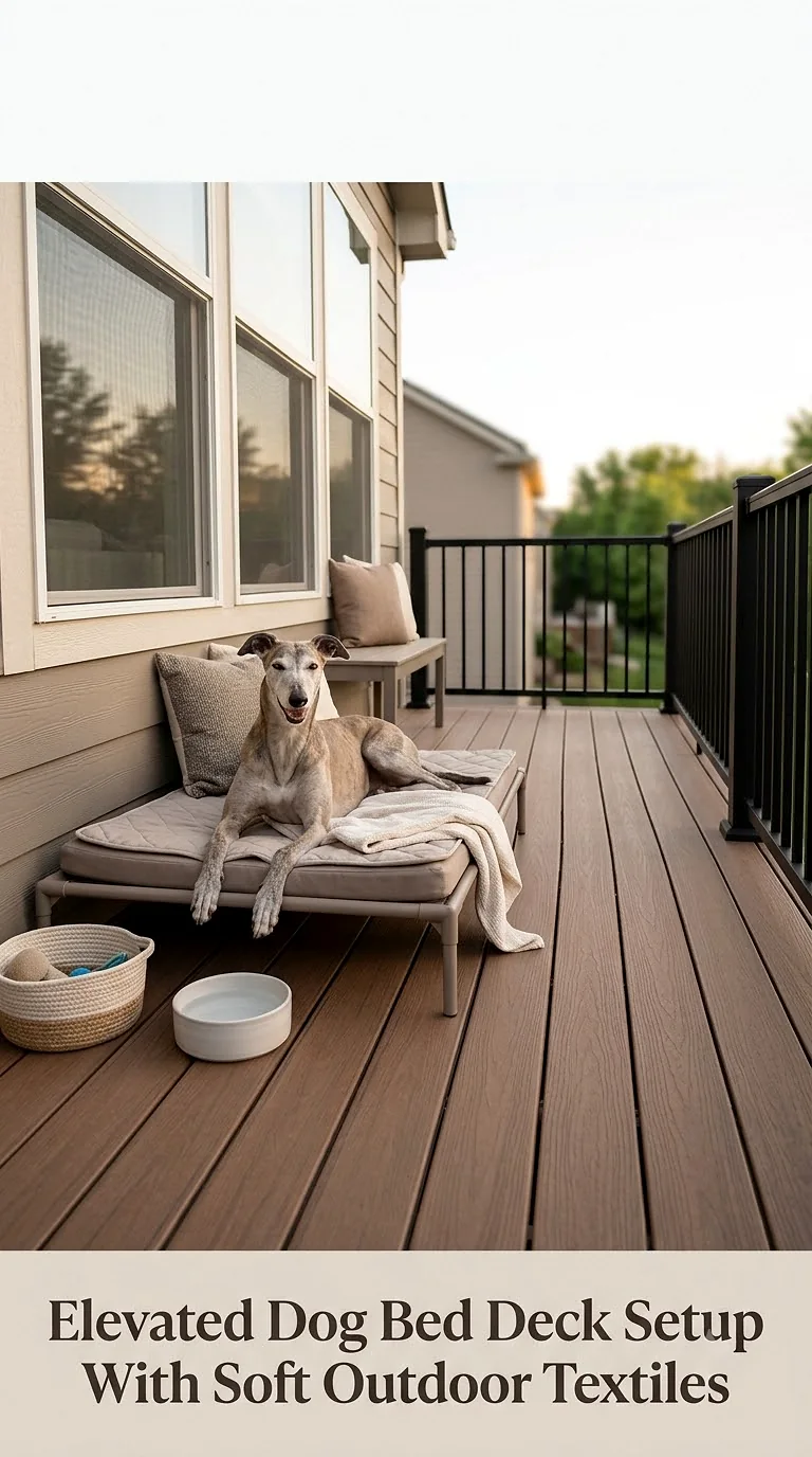 Elevated Dog Bed Deck Setup With Soft Outdoor Textiles
