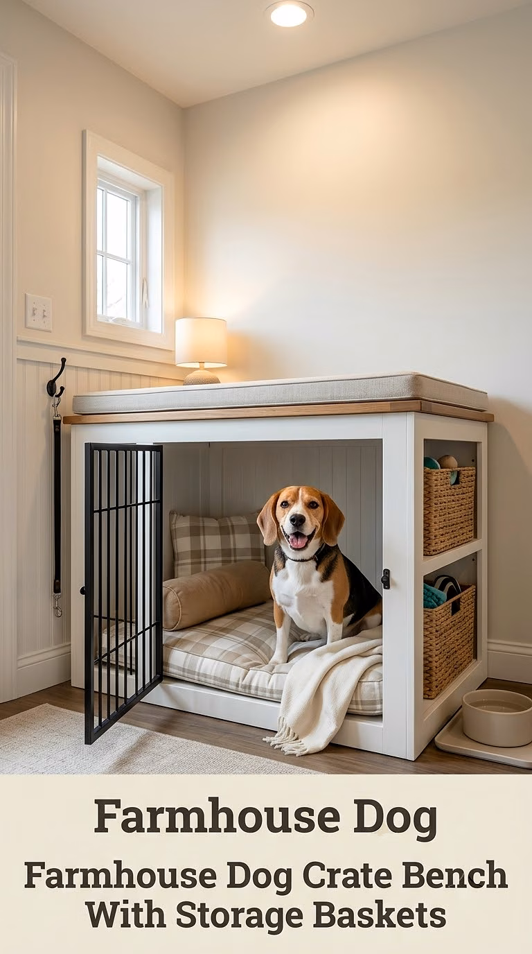 Farmhouse Dog Crate Bench With Storage Baskets