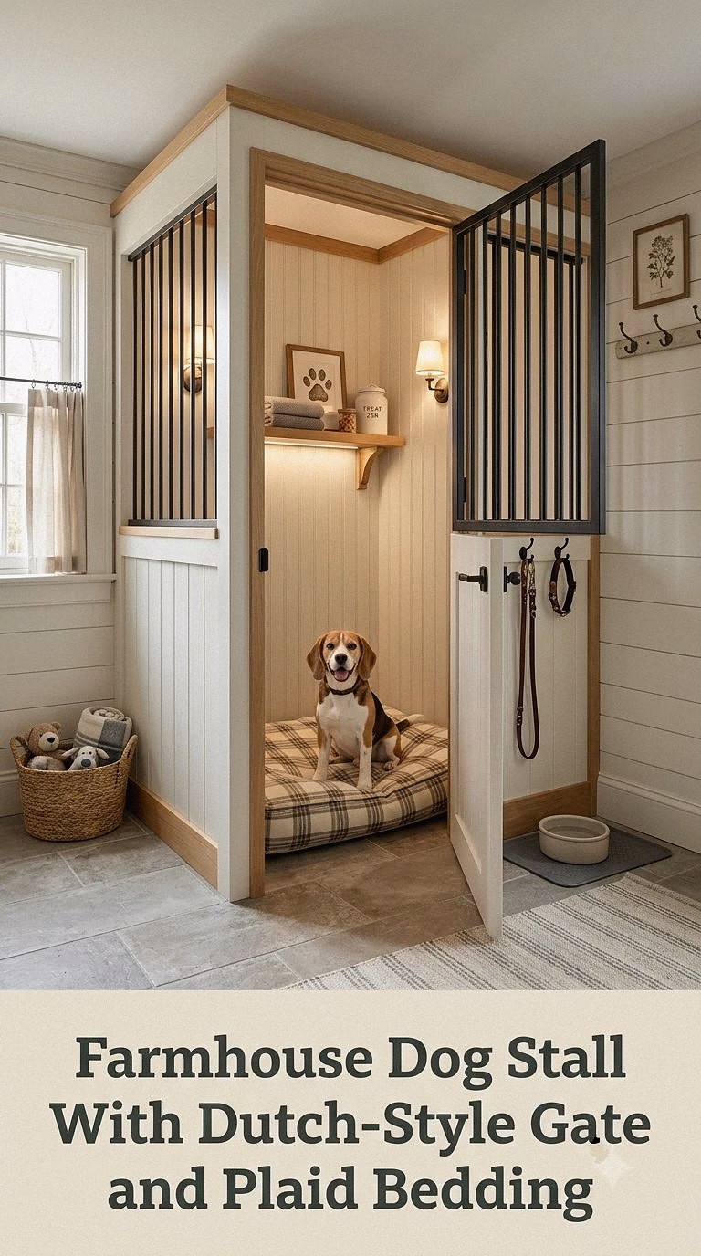 Farmhouse Dog Stall With Dutch-Style Gate and Plaid Bedding