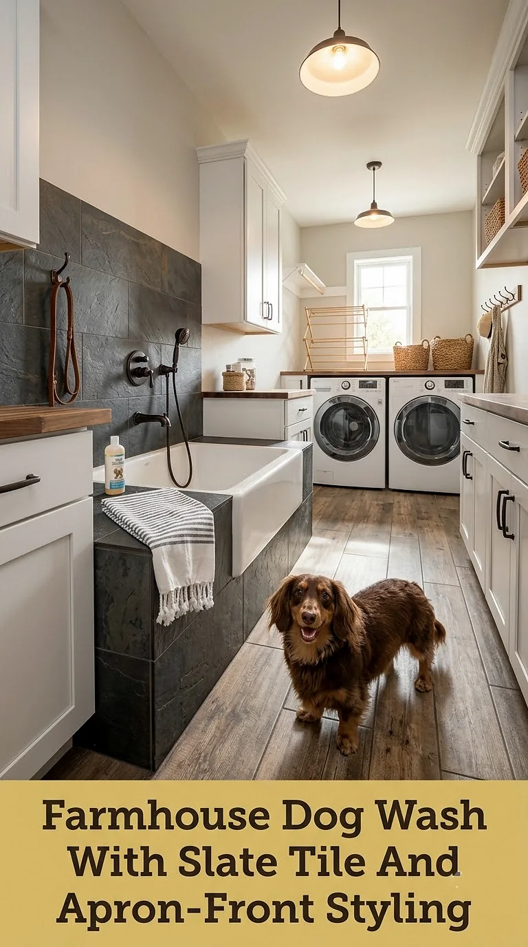 Farmhouse Dog Wash With Slate Tile And Apron-Front Styling