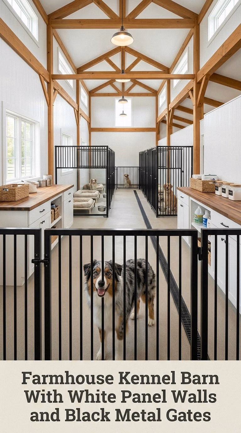 Farmhouse Kennel Barn With White Panel Walls and Black Metal Gates