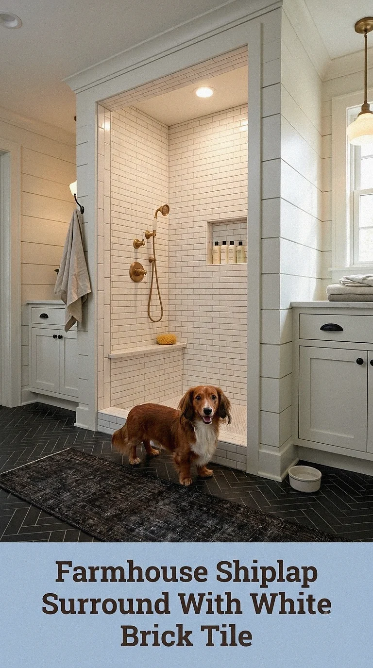 Farmhouse Shiplap Surround With White Brick Tile