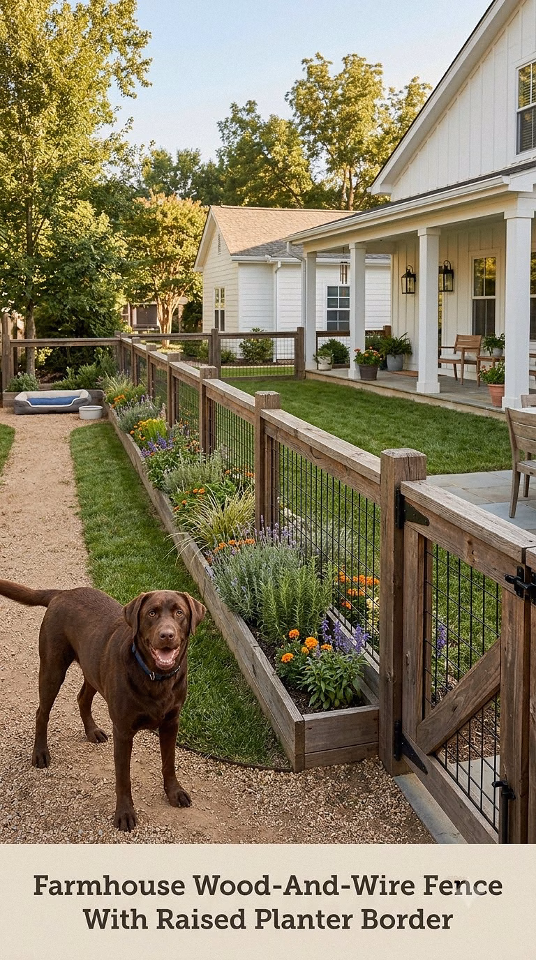 Farmhouse Wood-And-Wire Fence With Raised Planter Border