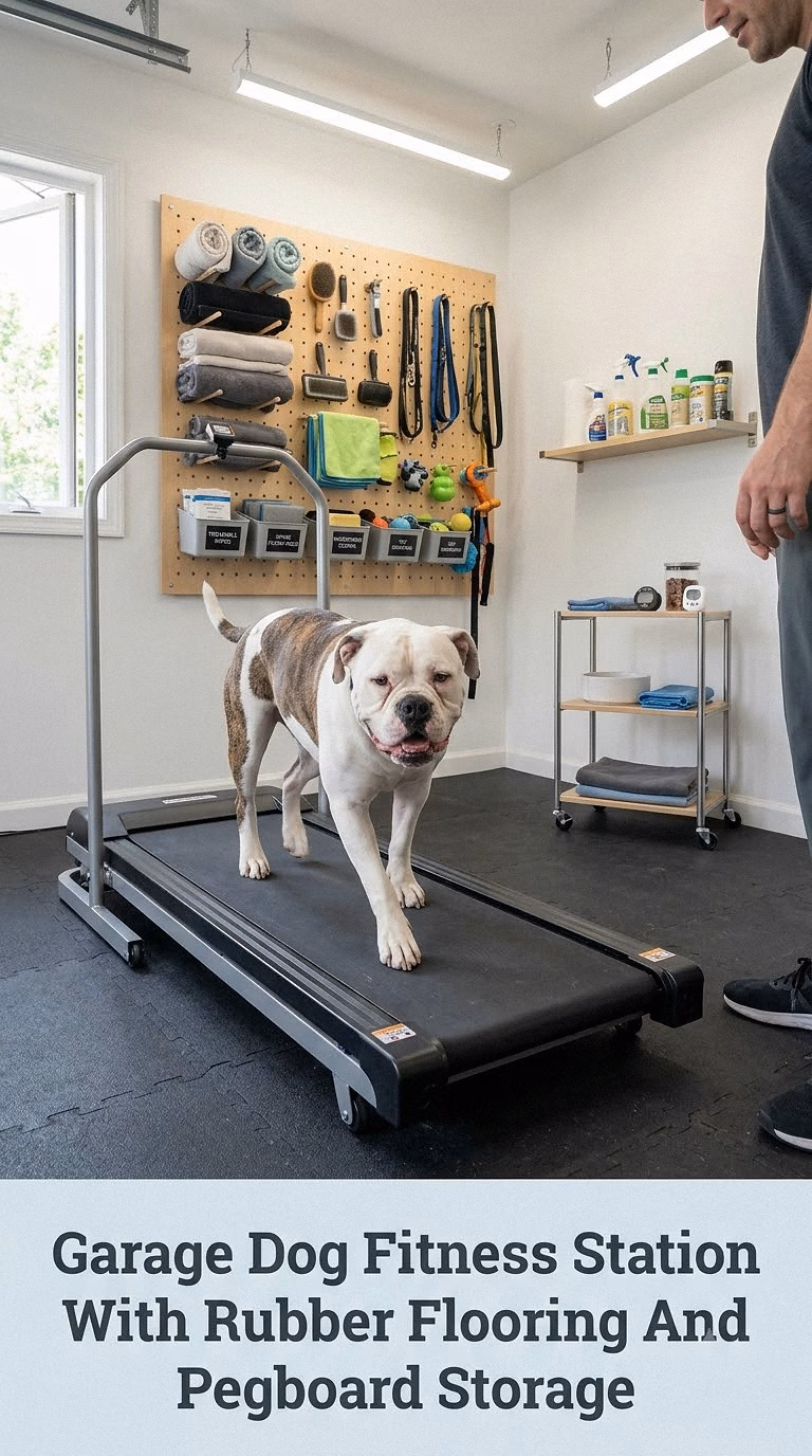 Garage Dog Fitness Station With Rubber Flooring And Pegboard Storage