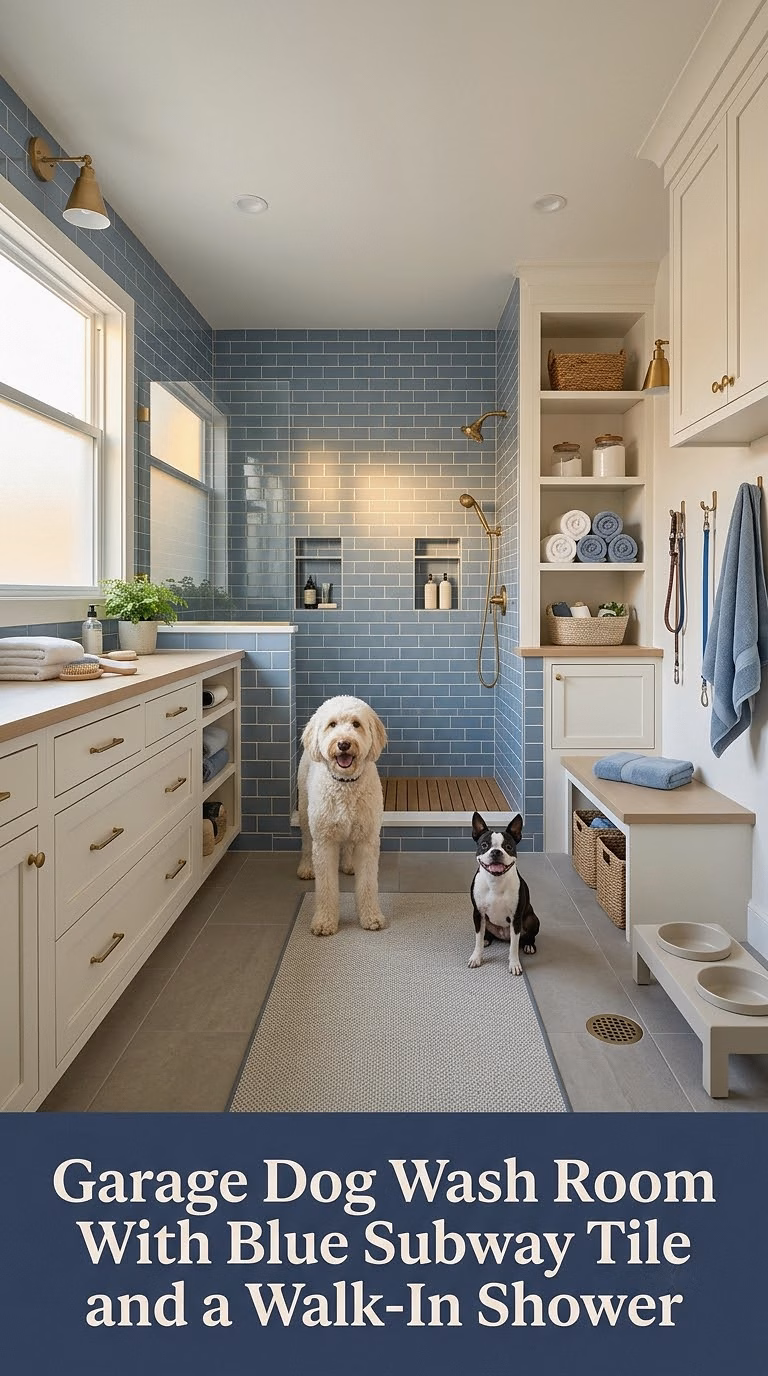 6. Garage Dog Wash Room With Blue Subway Tile and a Walk-In Shower