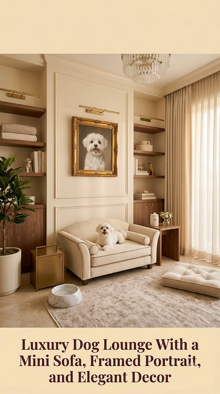 6. Luxury Dog Lounge With a Mini Sofa, Framed Portrait, and Elegant Decor