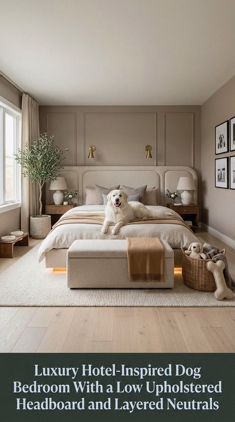 6. Luxury Hotel-Inspired Dog Bedroom With a Low Upholstered Headboard and Layered Neutrals