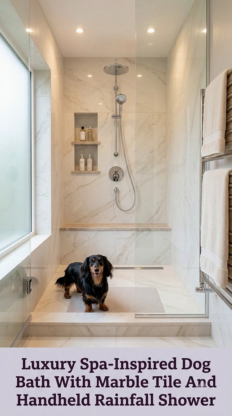 Luxury Spa-Inspired Dog Bath With Marble Tile And Handheld Rainfall Shower