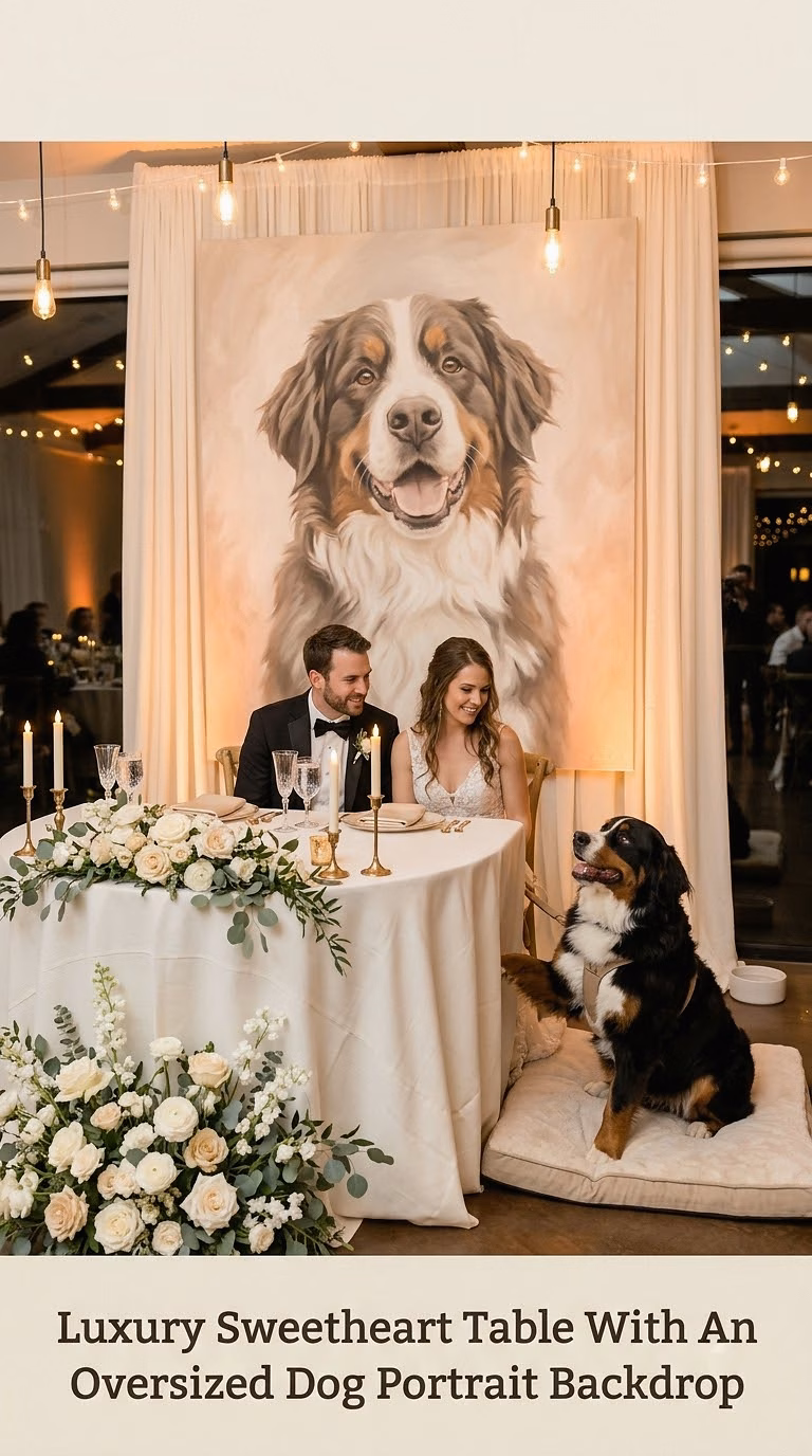 Luxury Sweetheart Table With An Oversized Dog Portrait Backdrop