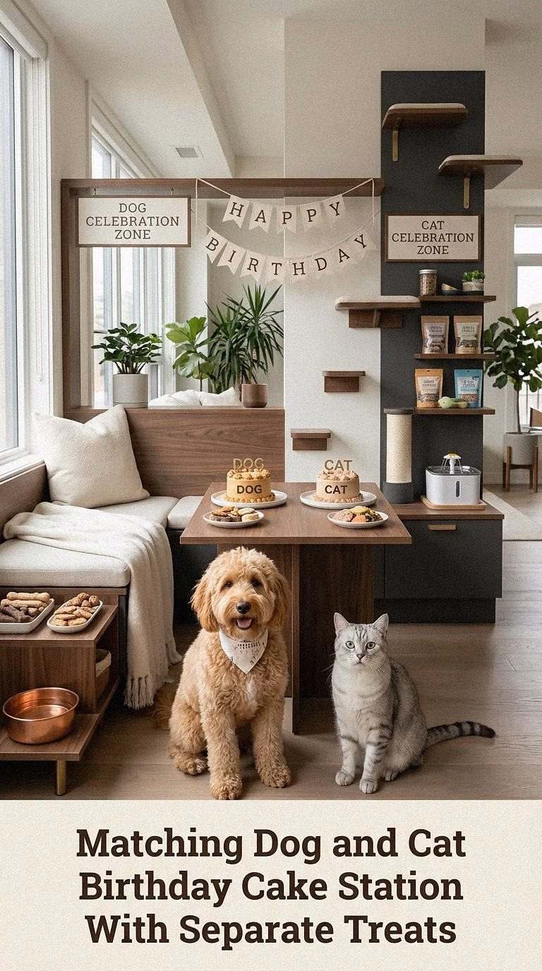 Matching Dog and Cat Birthday Cake Station With Separate Treats