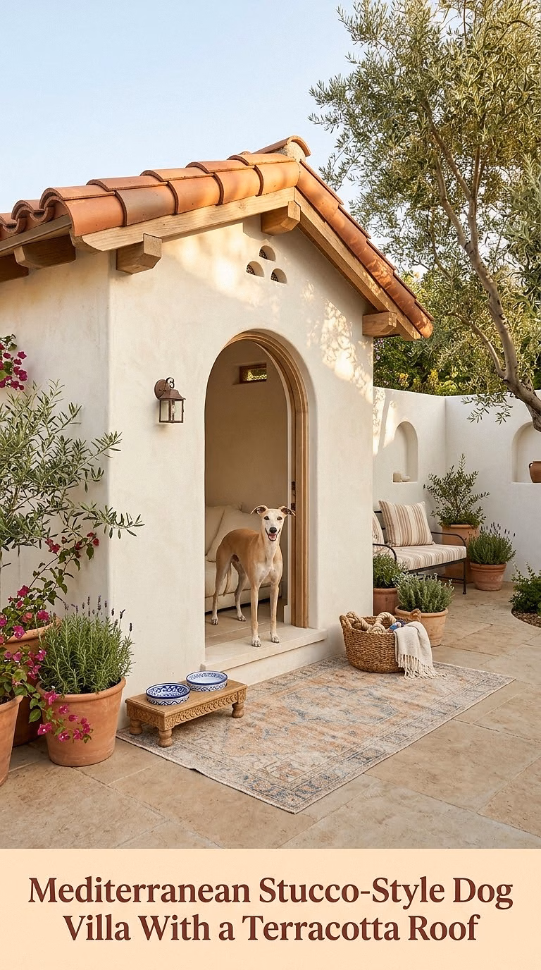 Mediterranean Stucco-Style Dog Villa With a Terracotta Roof