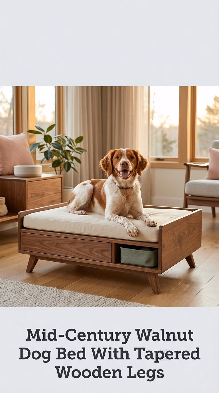 Mid-Century Walnut Dog Bed With Tapered Wooden Legs
