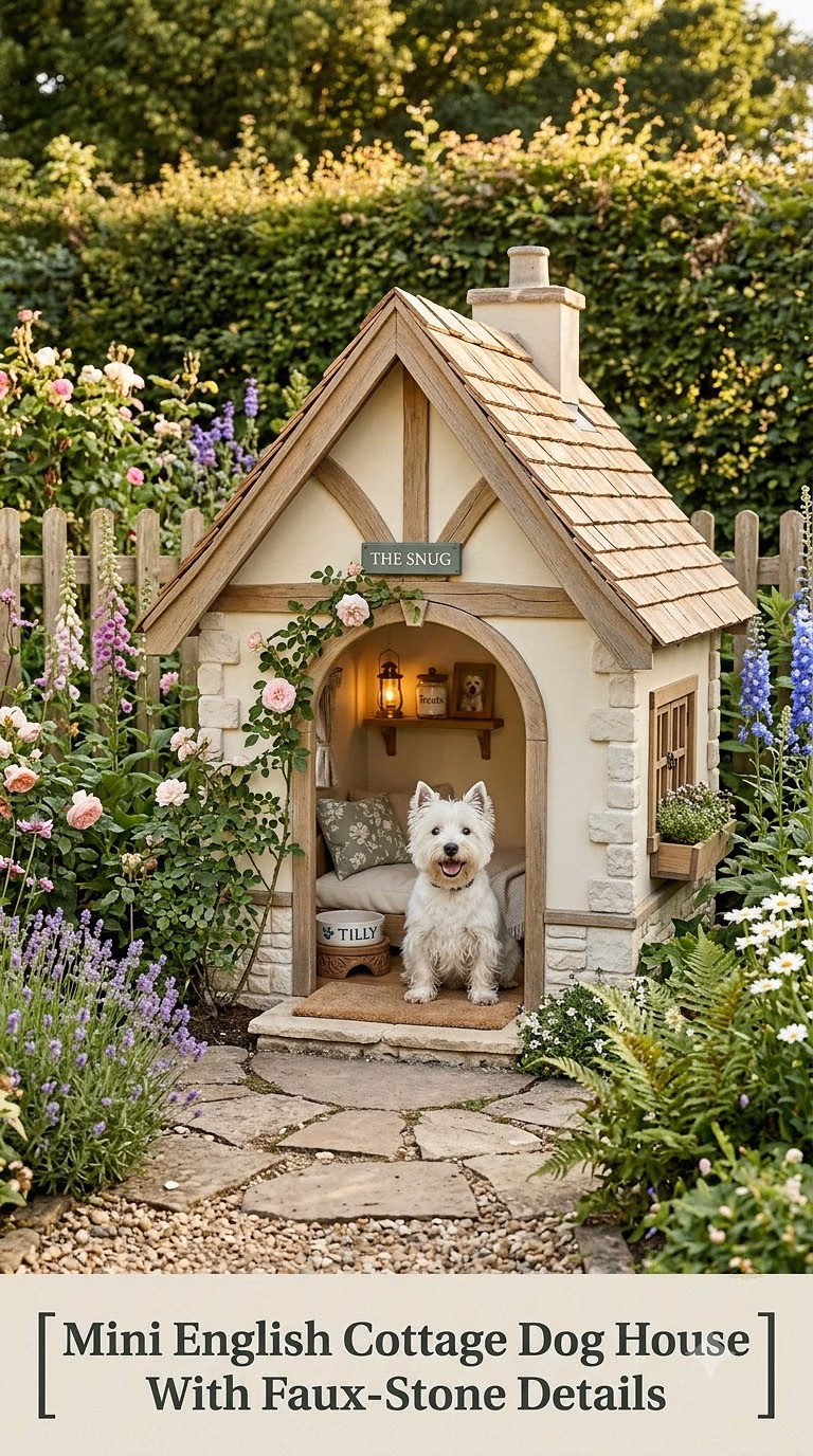 6. Mini English Cottage Dog House With Faux-Stone Details