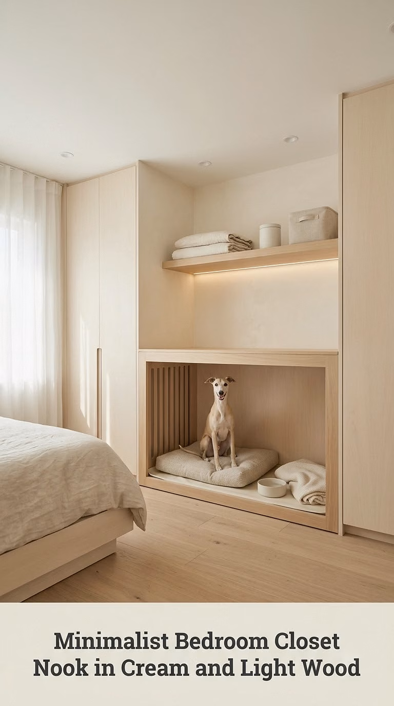 Minimalist Bedroom Closet Nook in Cream and Light Wood