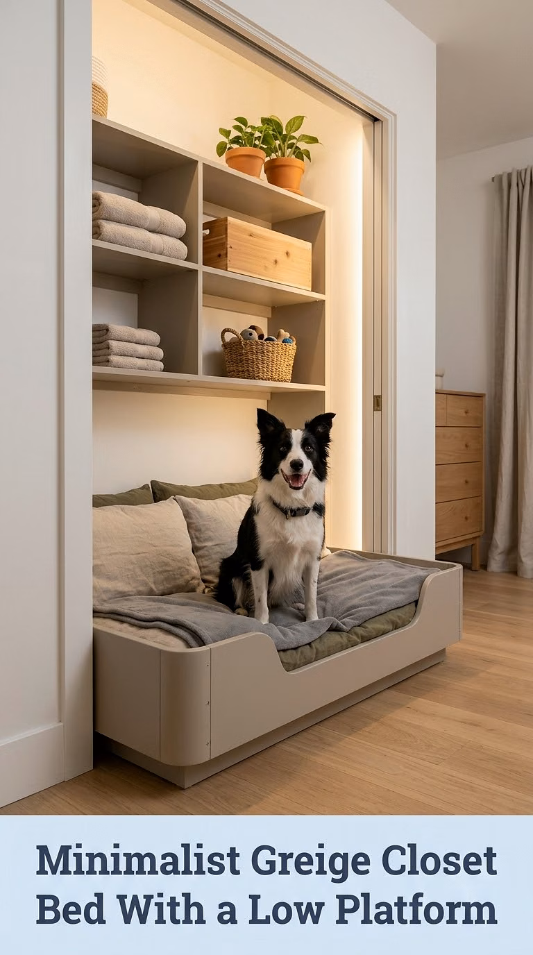 Minimalist Greige Closet Bed With a Low Platform