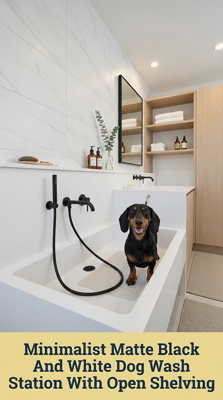 Minimalist Matte Black And White Dog Wash Station With Open Shelving