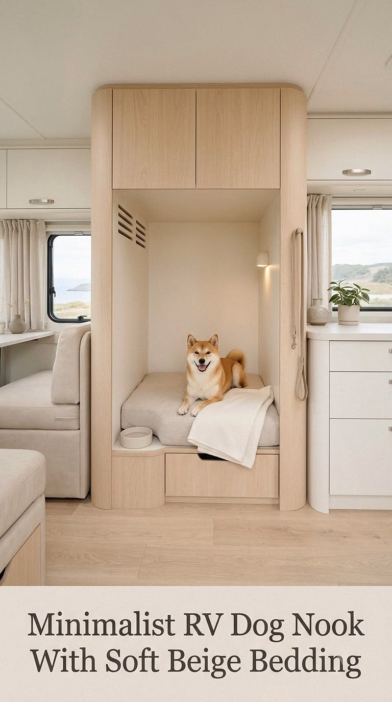 Minimalist RV Dog Nook With Soft Beige Bedding