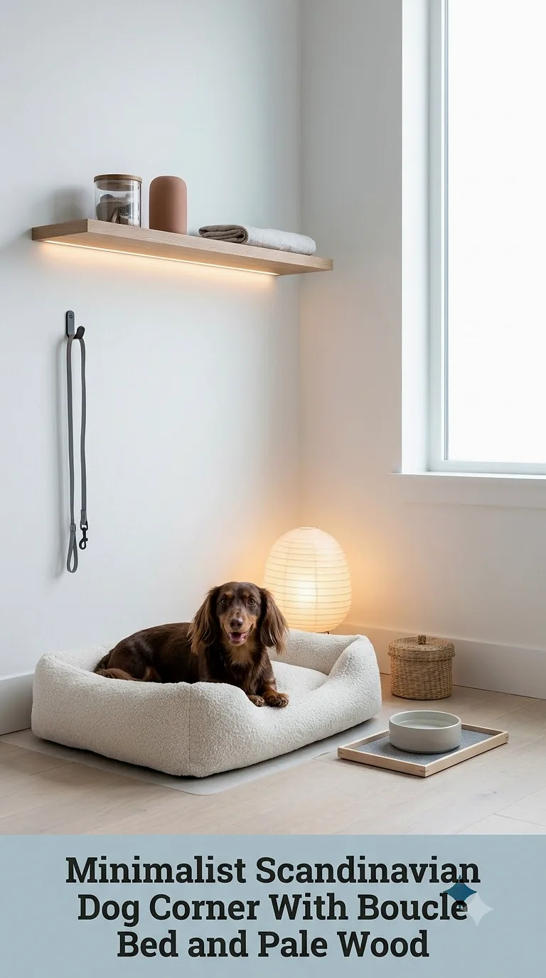 Minimalist Scandinavian Dog Corner With Boucle Bed and Pale Wood