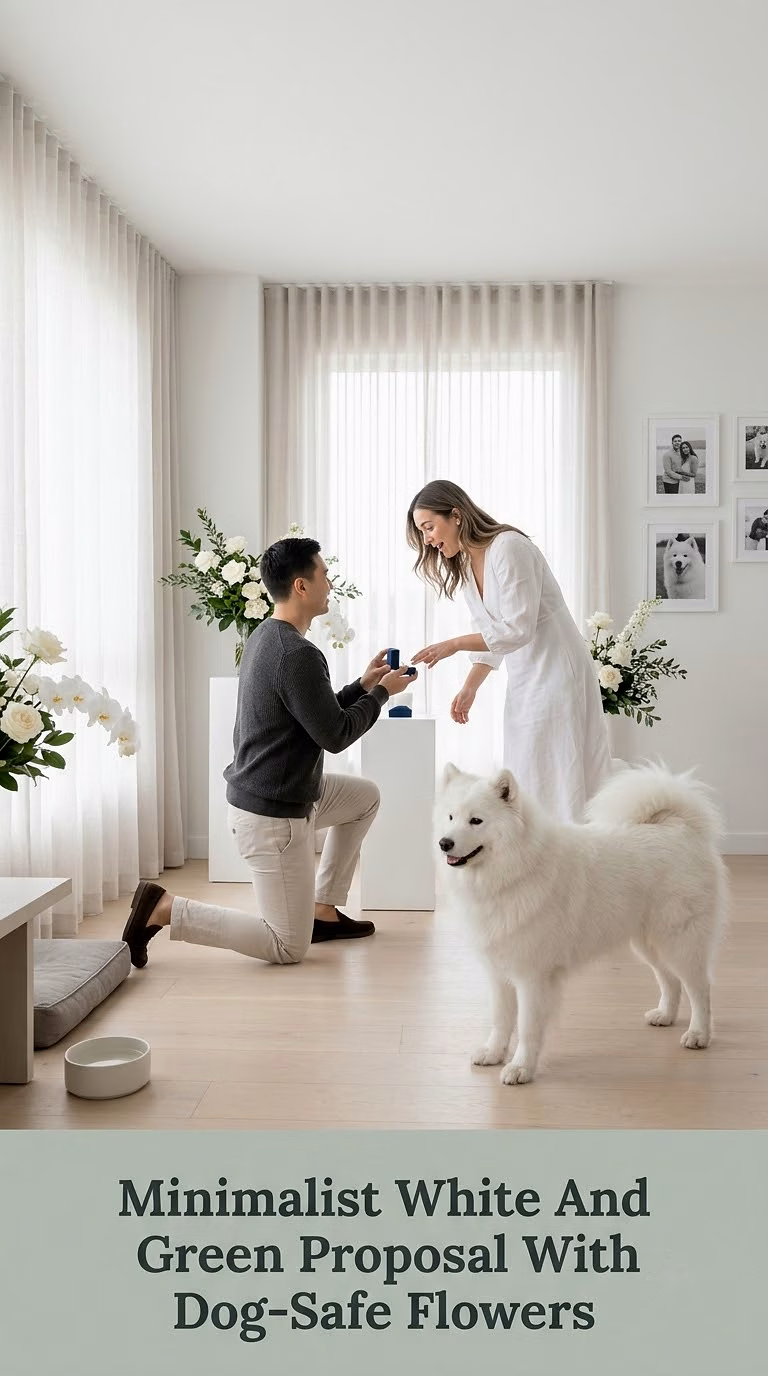 Minimalist White And Green Proposal With Dog-Safe Flowers