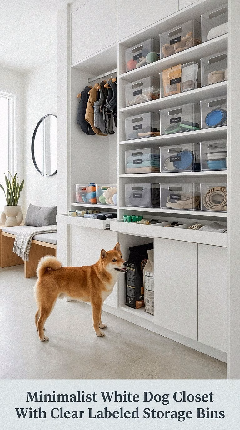 Minimalist White Dog Closet With Clear Labeled Storage Bins