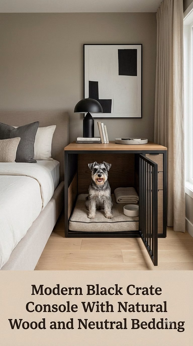 Modern Black Crate Console With Natural Wood and Neutral Bedding