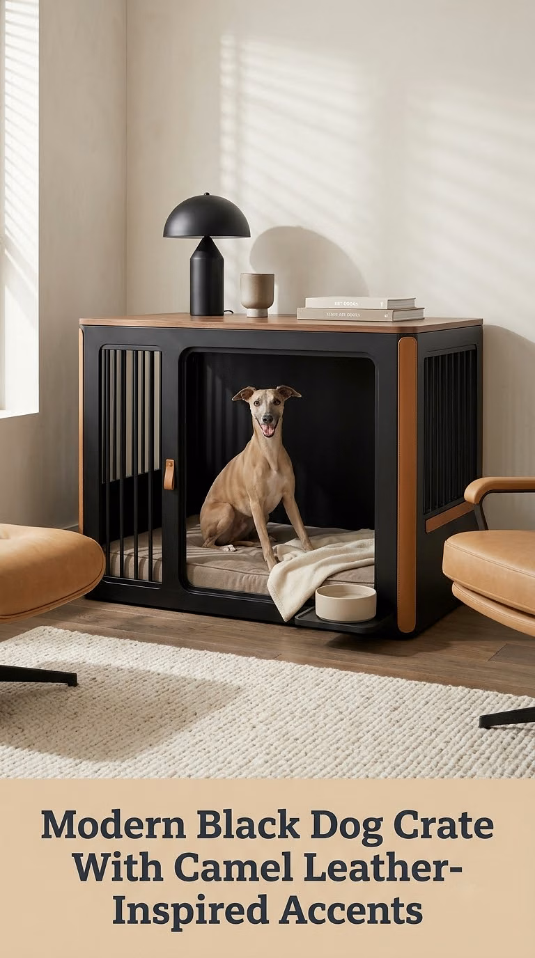 Modern Black Dog Crate With Camel Leather-Inspired Accents