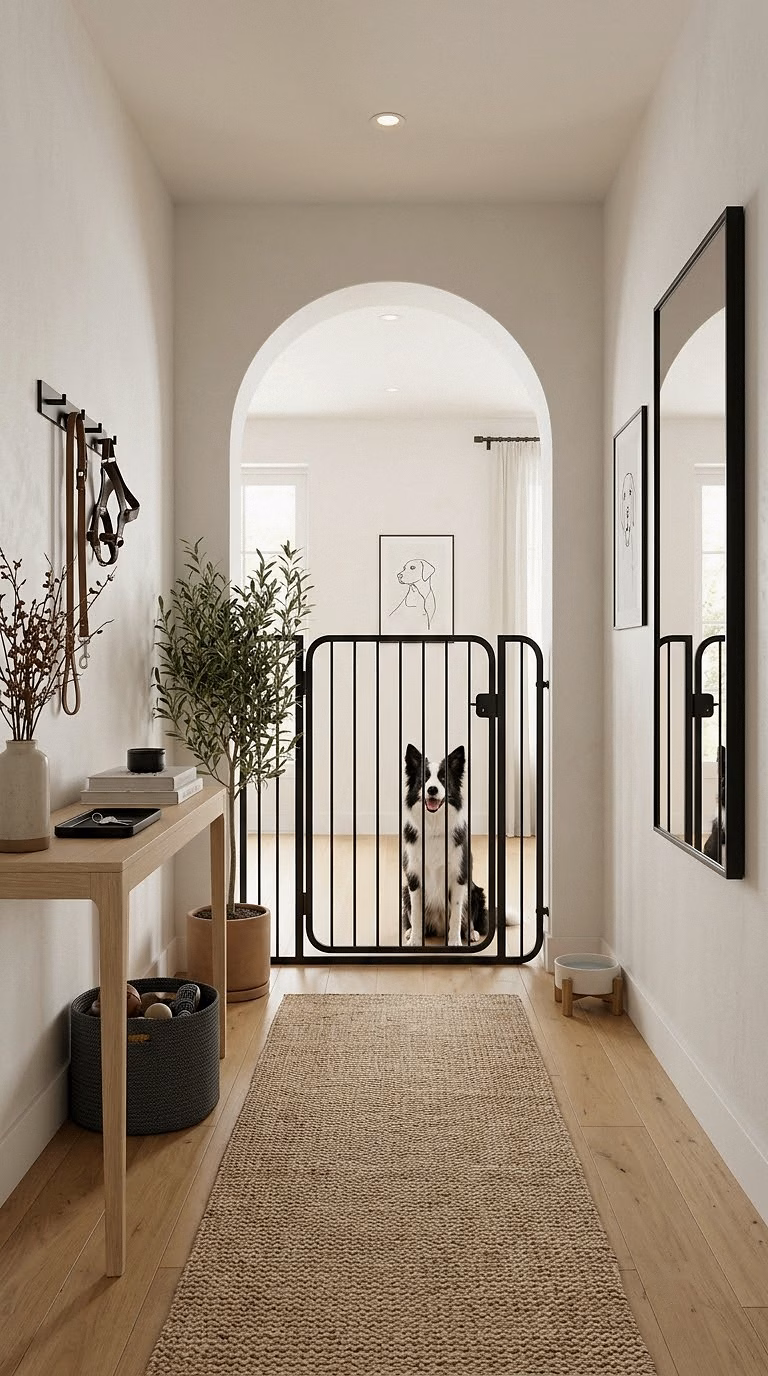 6. Modern Black Metal Dog Gate Framed by an Arched Hallway Opening