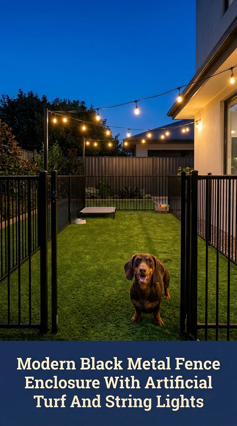 Modern Black Metal Fence Enclosure With Artificial Turf And String Lights