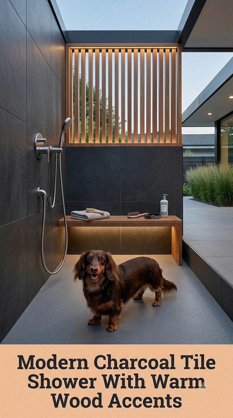 Modern Charcoal Tile Shower With Warm Wood Accents