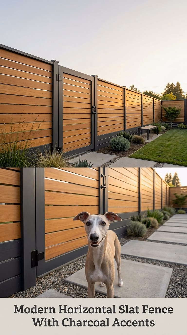 Modern Horizontal Slat Fence With Charcoal Accents