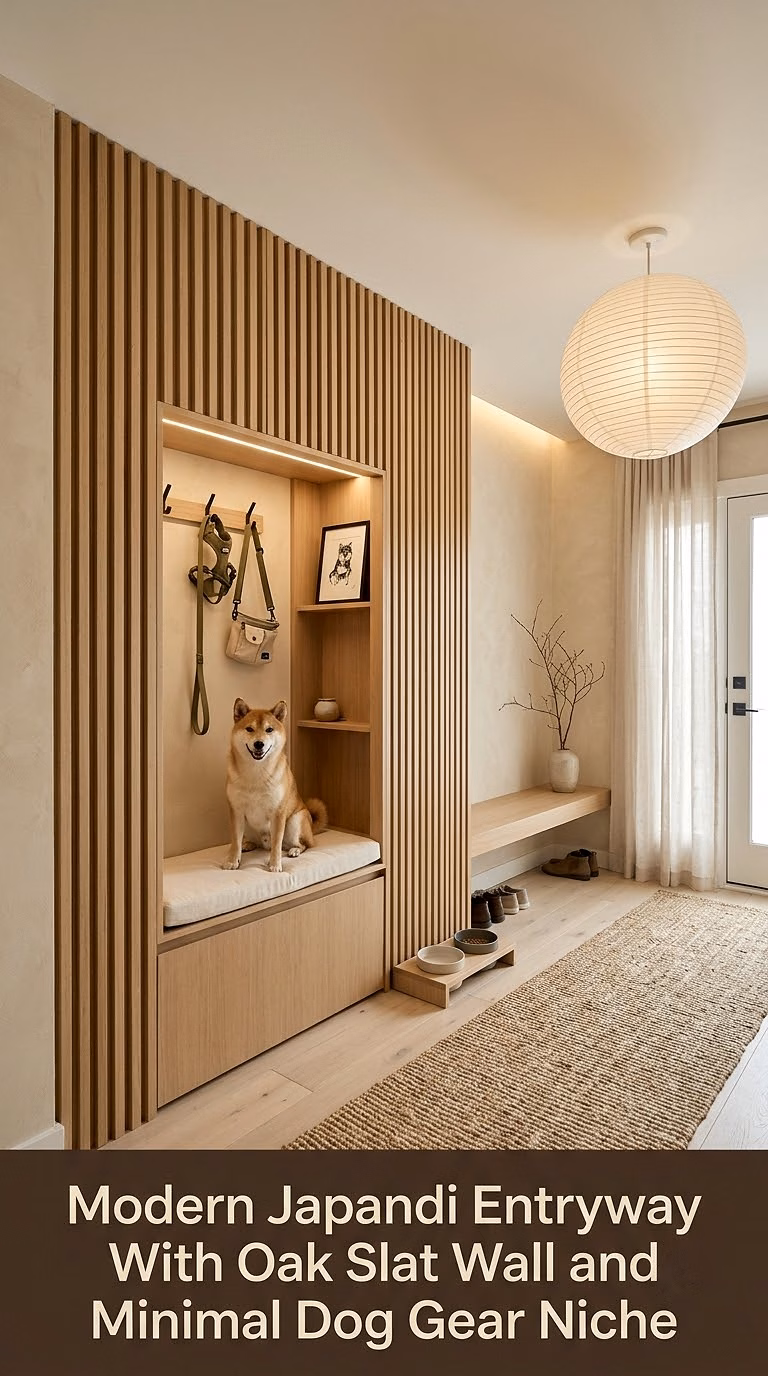 6. Modern Japandi Entryway With Oak Slat Wall and Minimal Dog Gear Niche