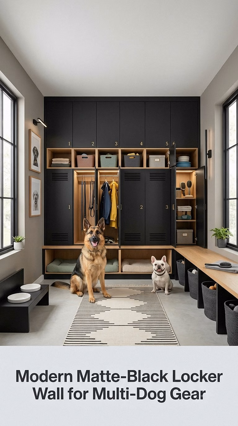 Modern Matte-Black Locker Wall for Multi-Dog Gear
