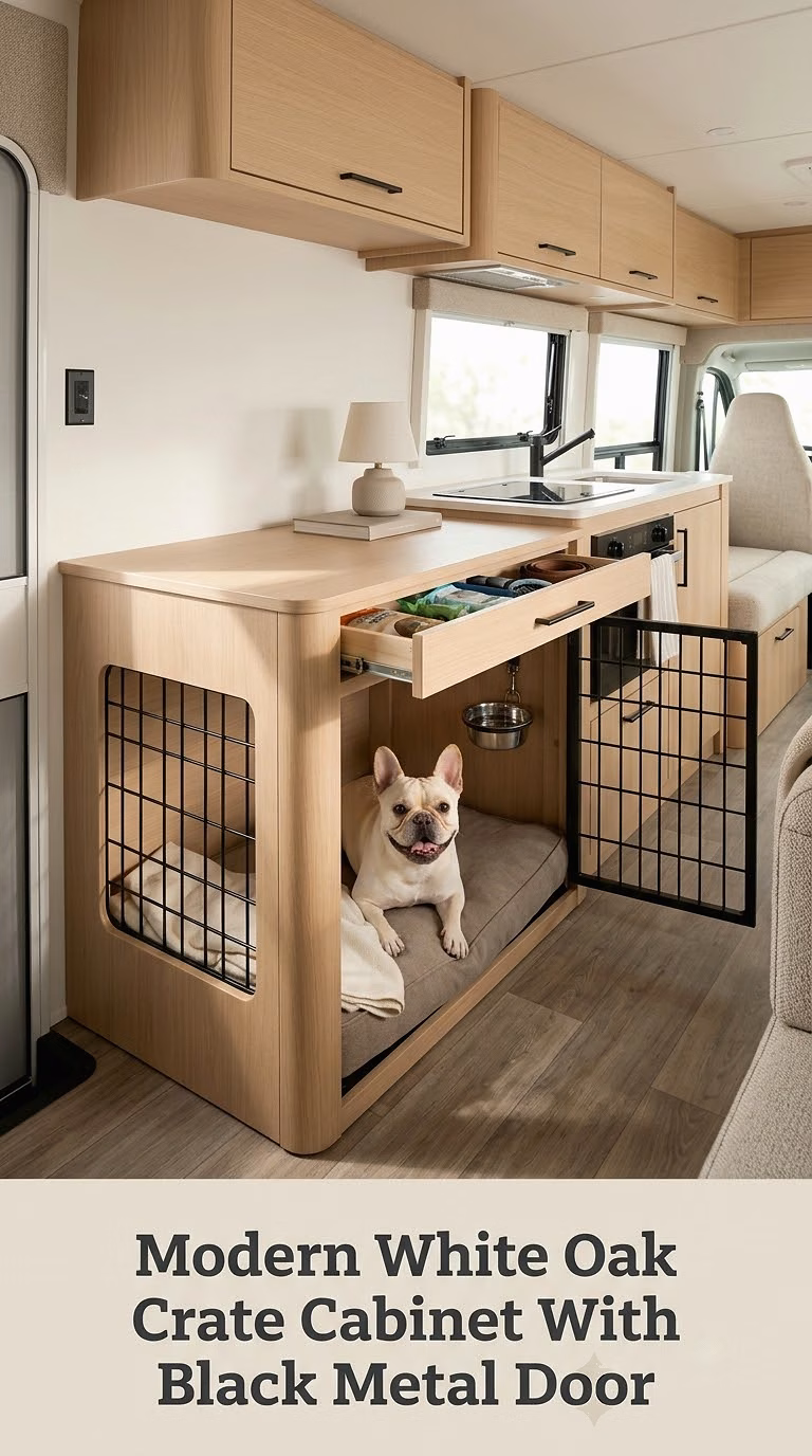 Modern White Oak Crate Cabinet With Black Metal Door