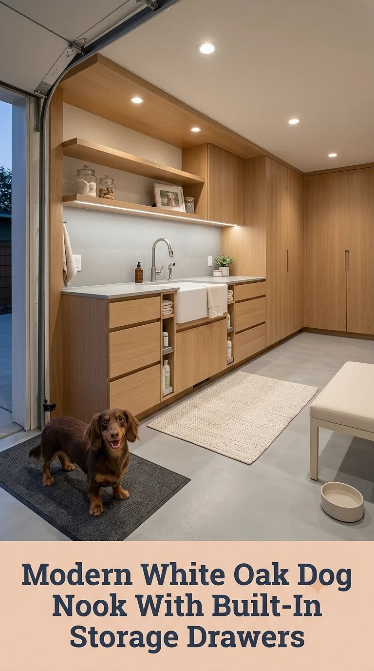 Modern White Oak Dog Nook With Built-In Storage Drawers