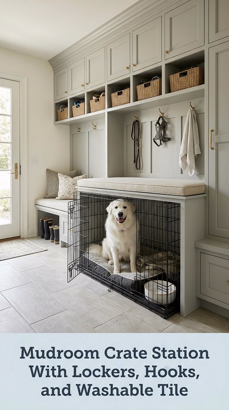 Mudroom Crate Station With Lockers, Hooks, and Washable Tile