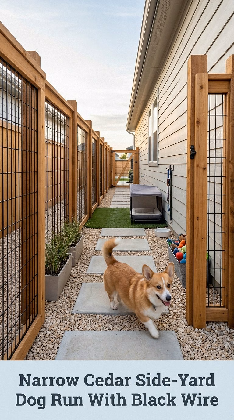 Narrow Cedar Side-Yard Dog Run With Black Wire