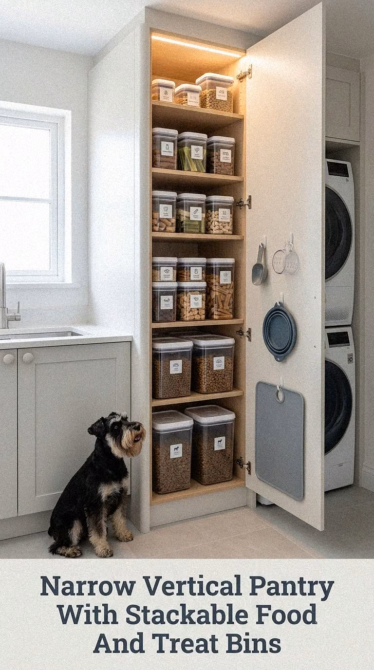 Narrow Vertical Pantry With Stackable Food And Treat Bins
