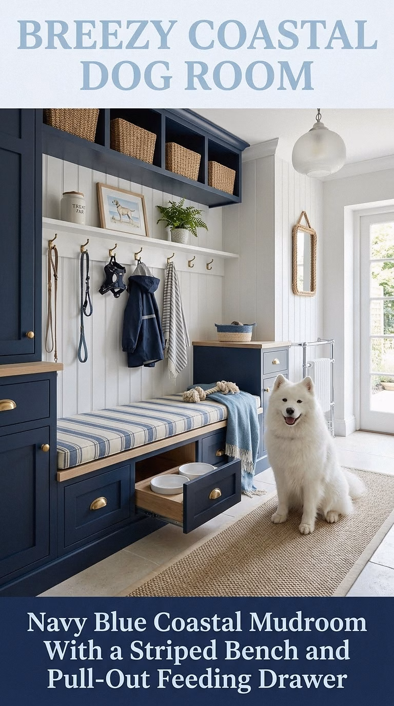 Navy Blue Coastal Mudroom With a Striped Bench and Pull-Out Feeding Drawer