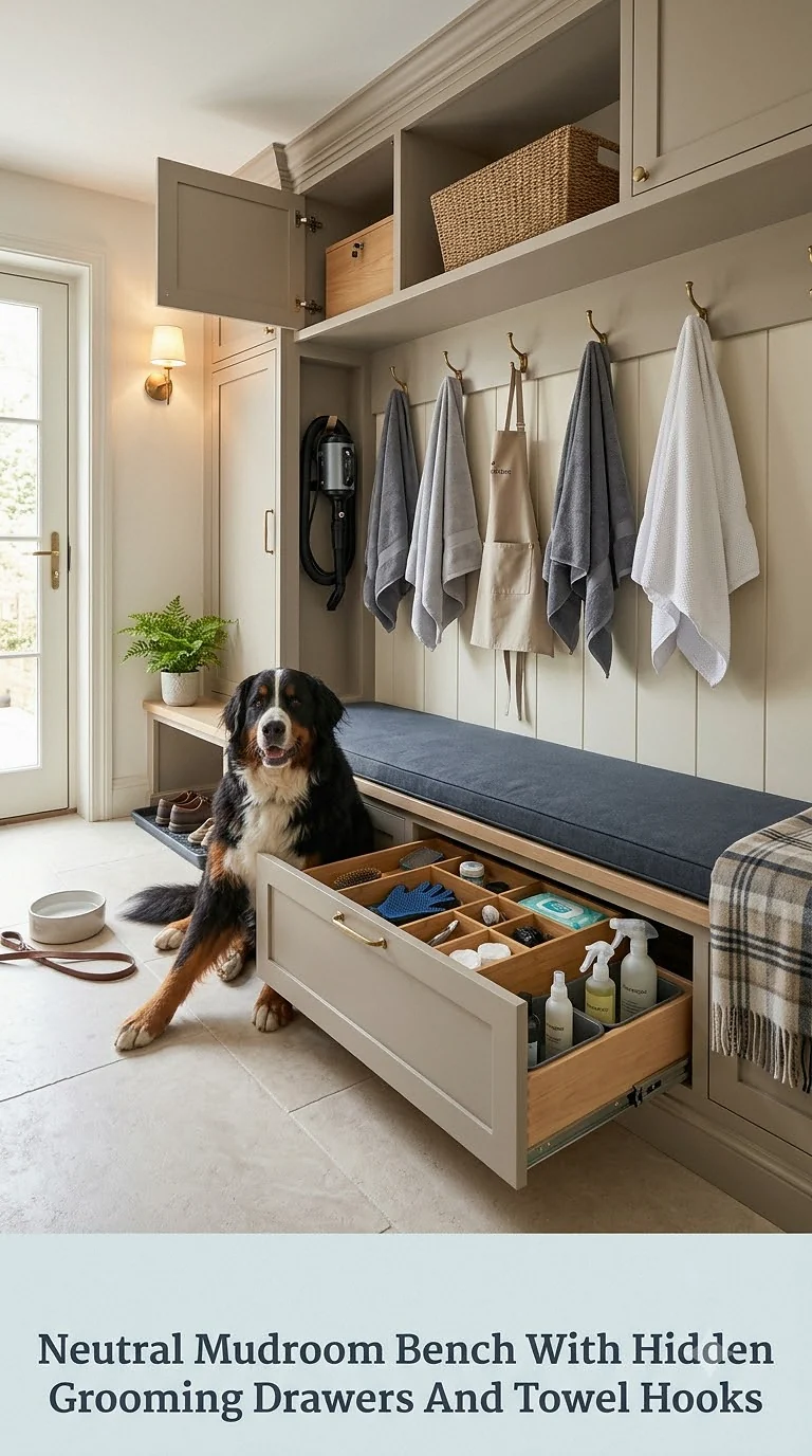 Neutral Mudroom Bench With Hidden Grooming Drawers And Towel Hooks