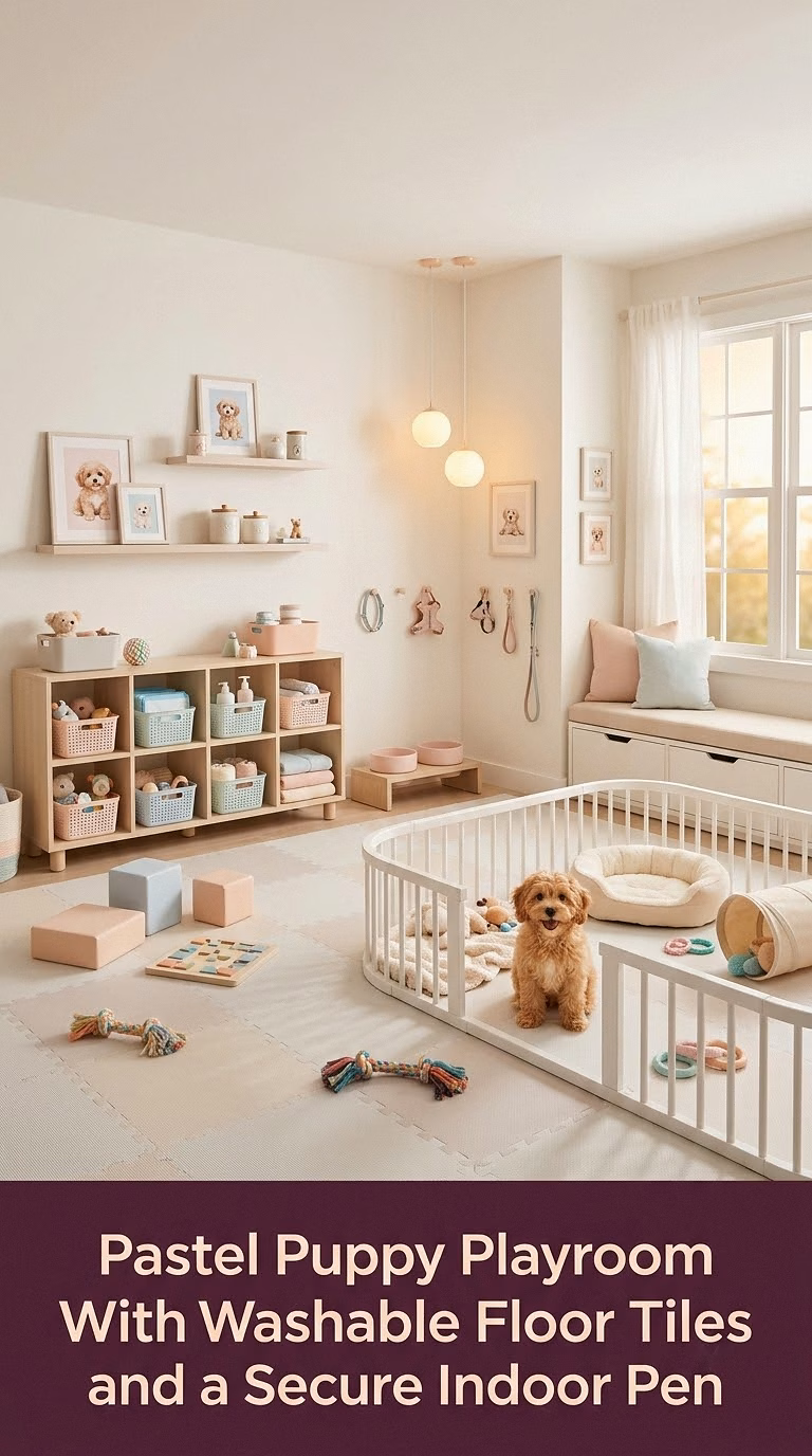 6. Pastel Puppy Playroom With Washable Floor Tiles and a Secure Indoor Pen