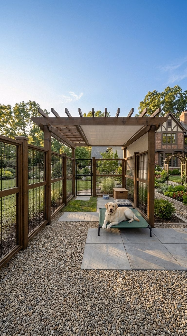 Pergola-Covered Dog Pen With Timber Posts And Shade Roof