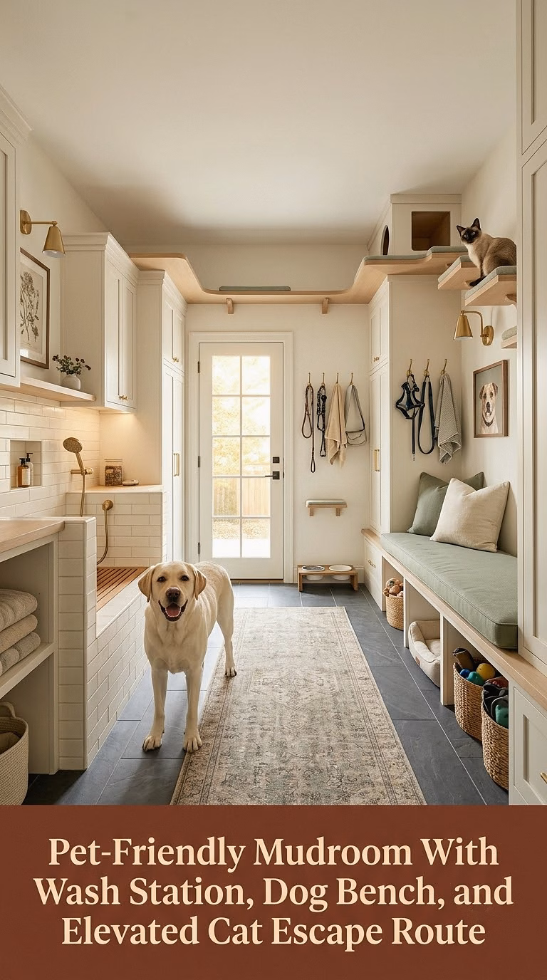 6. Pet-Friendly Mudroom With Wash Station, Dog Bench, and Elevated Cat Escape Route