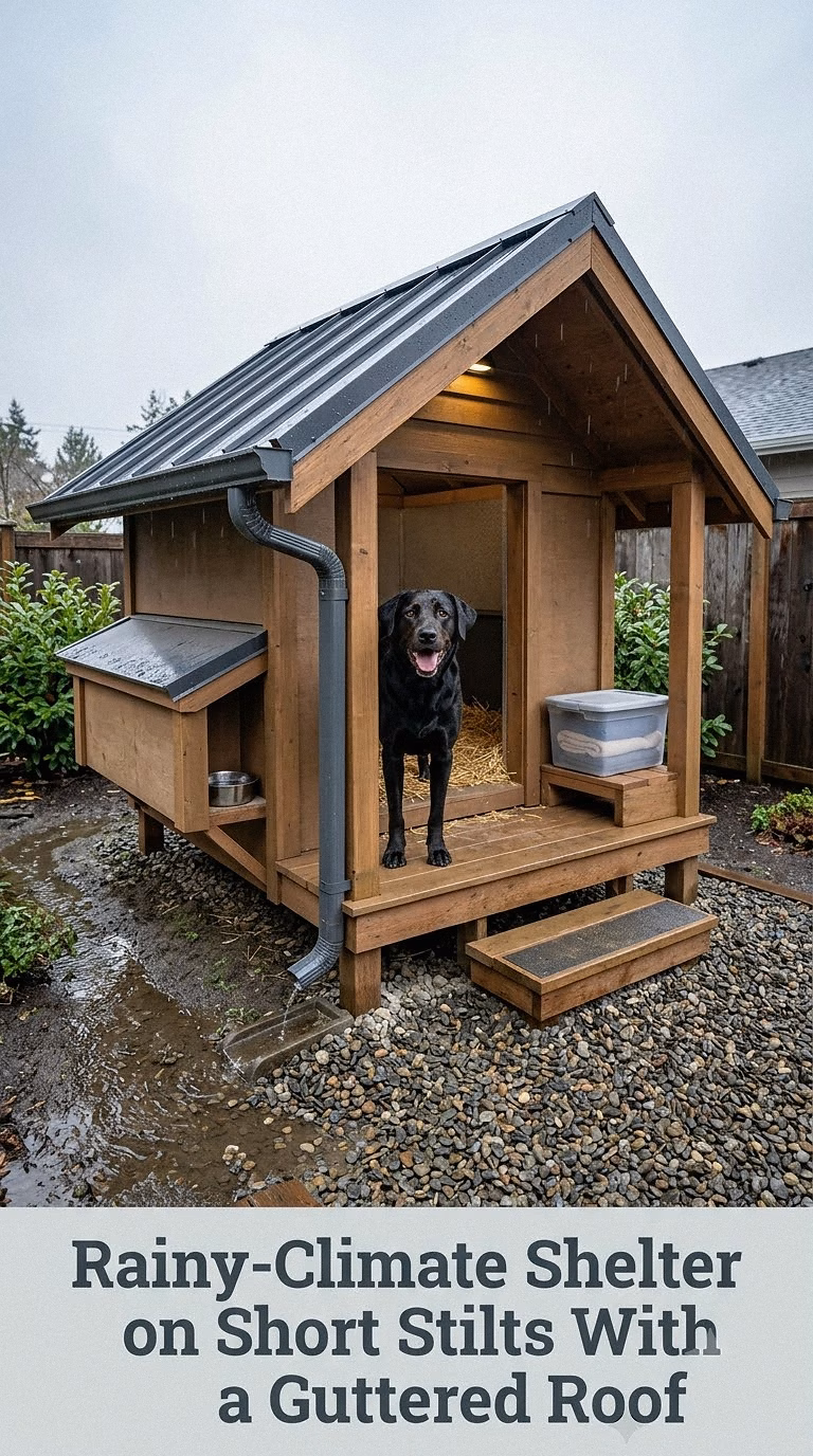 Rainy-Climate Shelter on Short Stilts With a Guttered Roof