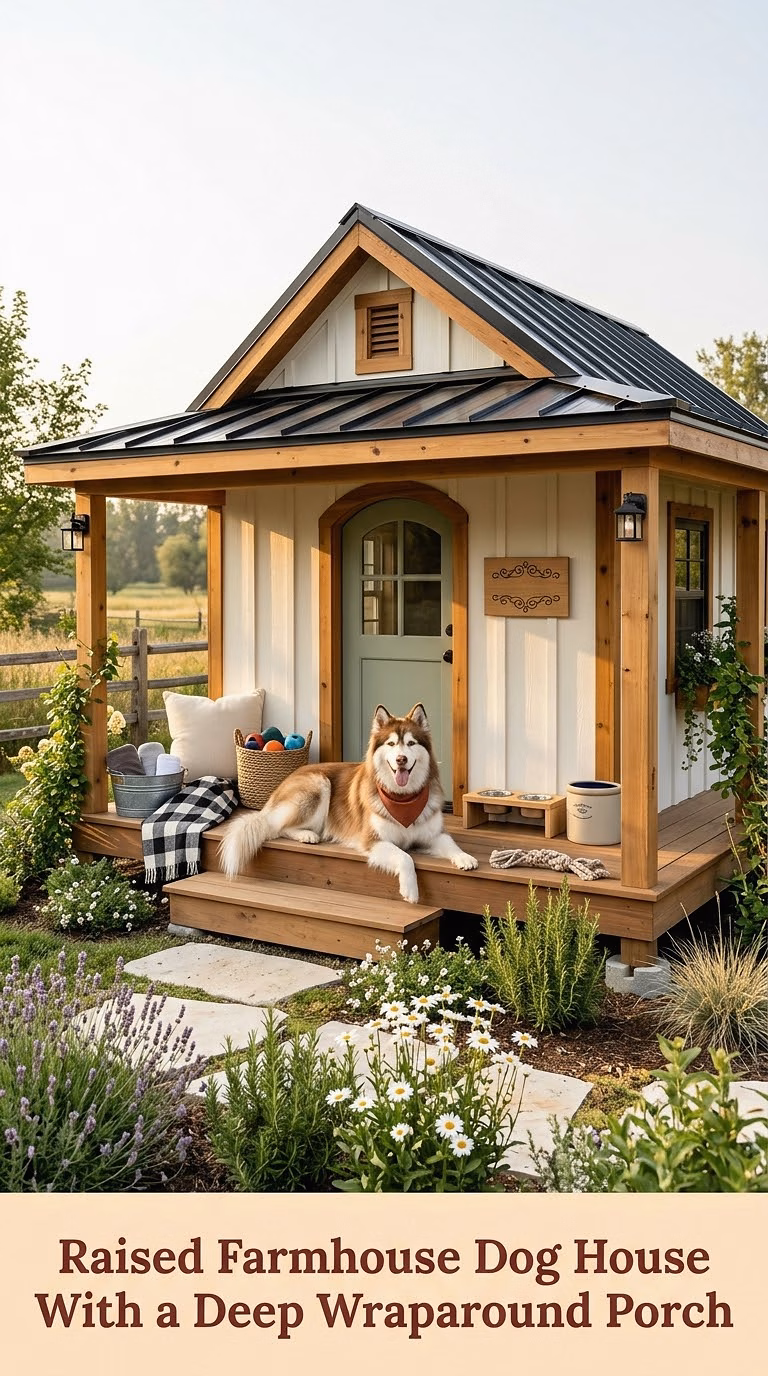 6. Raised Farmhouse Dog House With a Deep Wraparound Porch